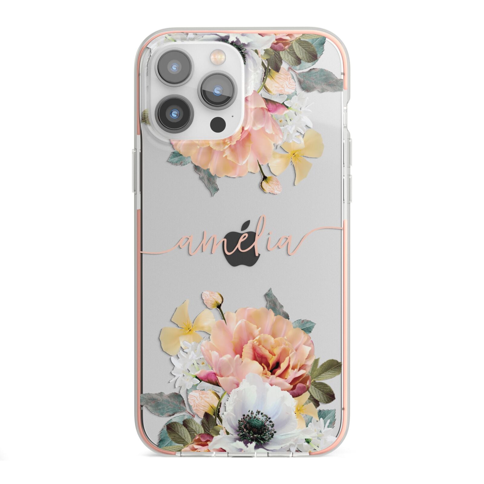 Personalised Name Clear Floral iPhone 13 Pro Max TPU Impact Case with Pink Edges