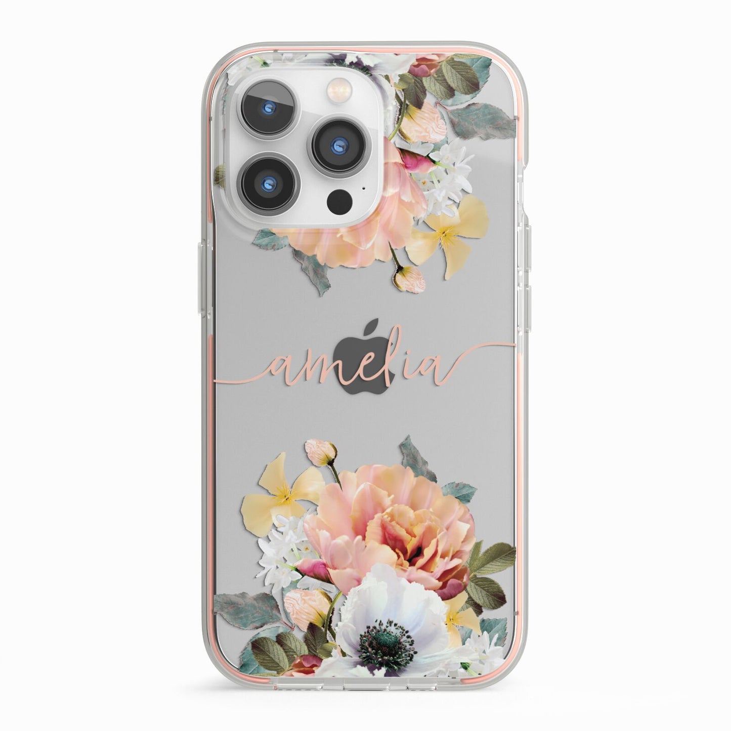 Personalised Name Clear Floral iPhone 13 Pro TPU Impact Case with Pink Edges