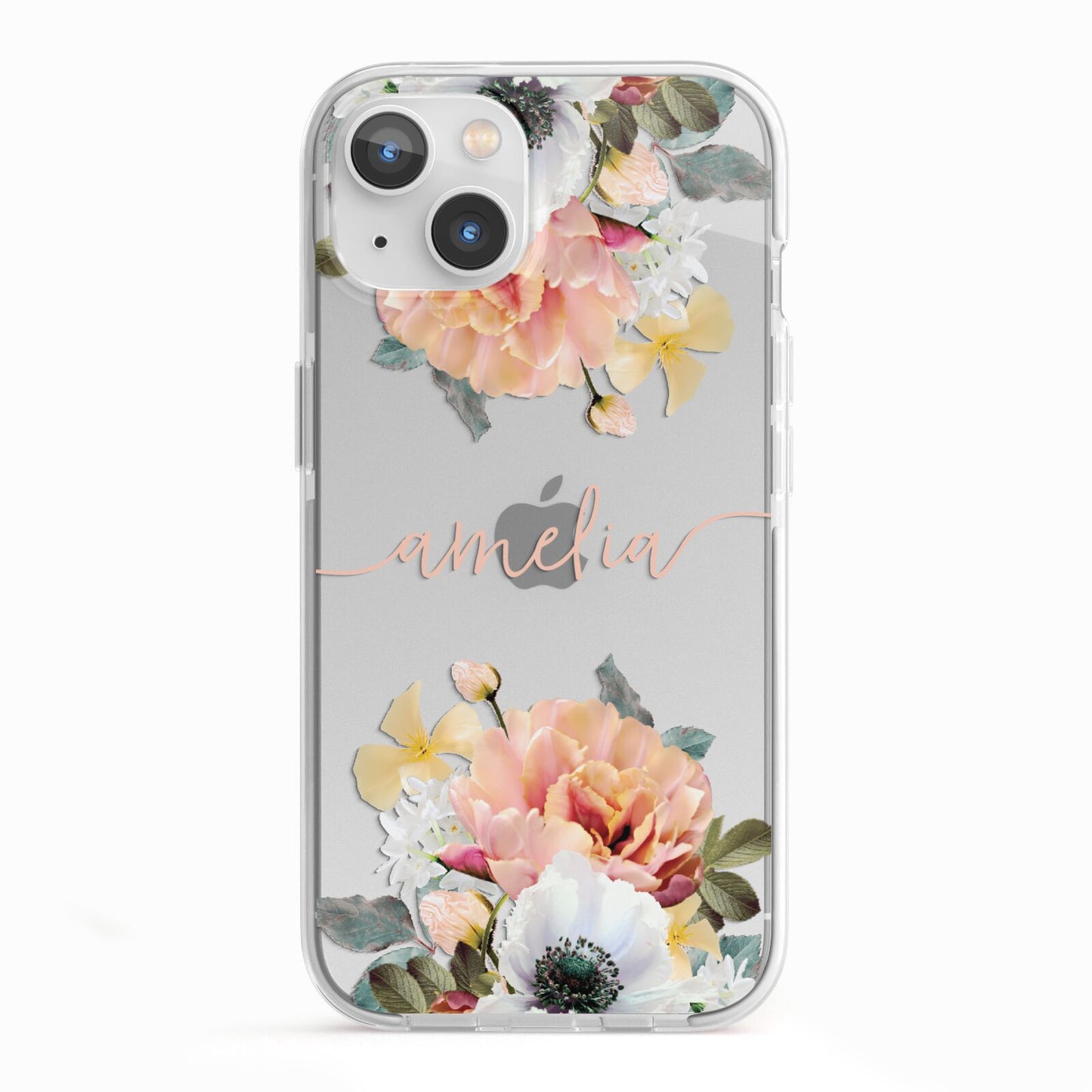 Personalised Name Clear Floral iPhone 13 TPU Impact Case with White Edges