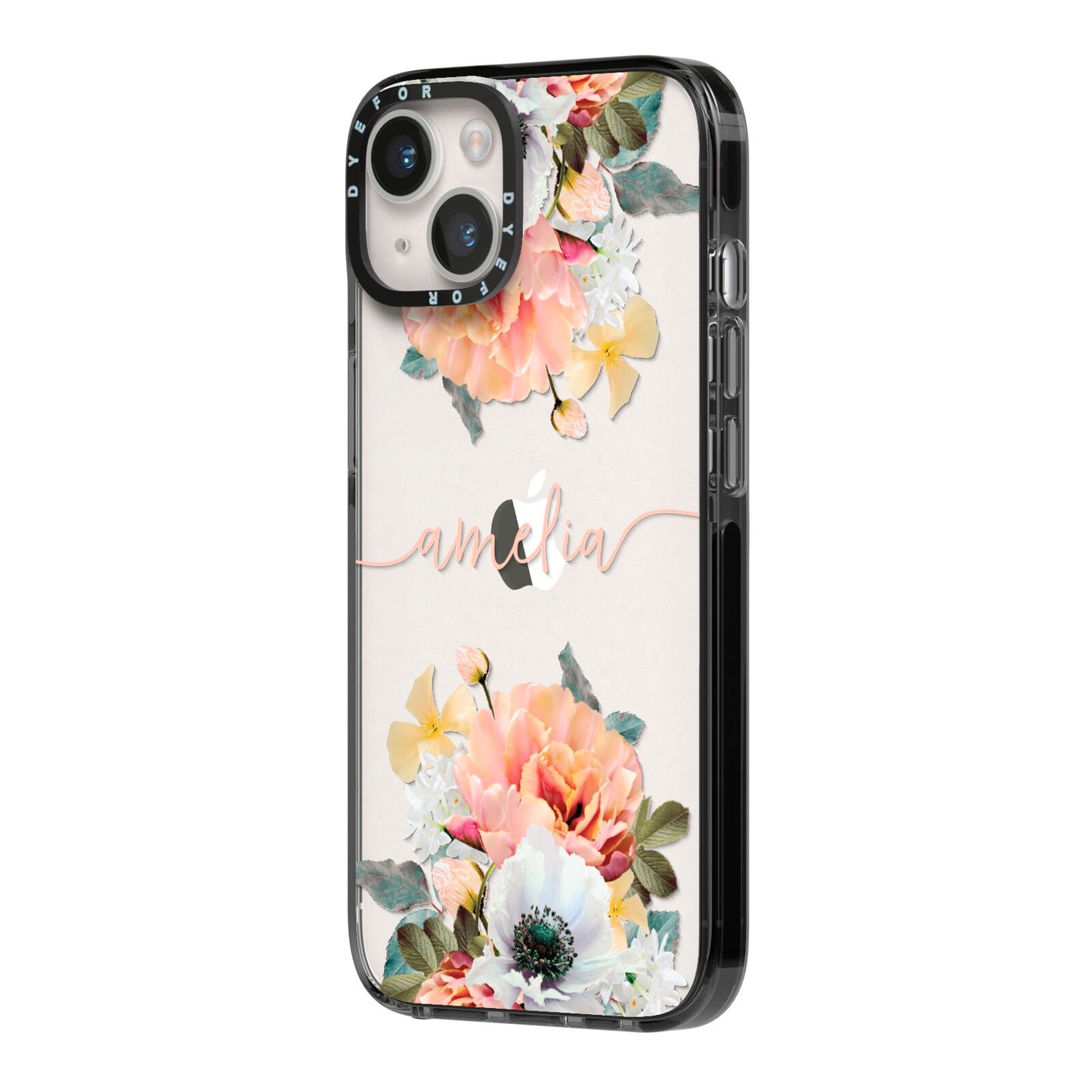 Personalised Name Clear Floral iPhone 14 Black Impact Case Side Angle on Silver phone