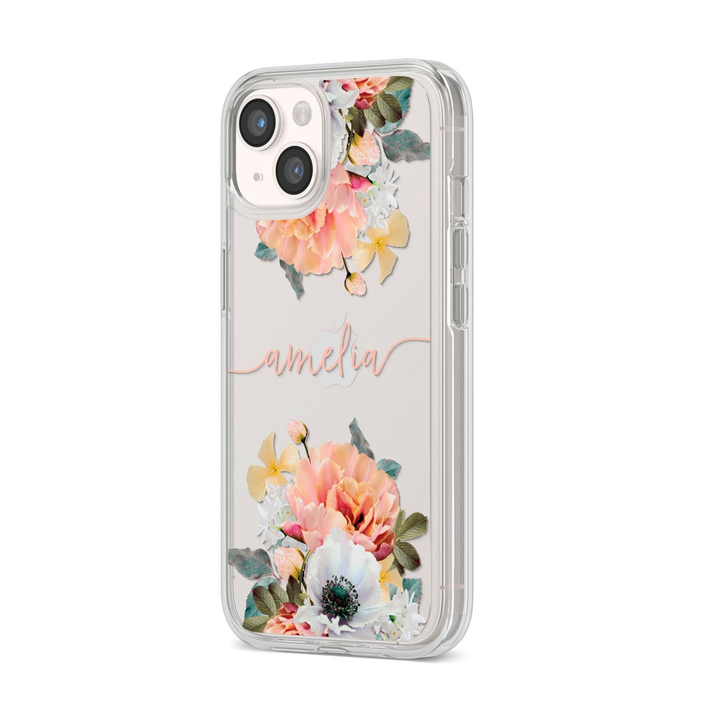 Personalised Name Clear Floral iPhone 14 Clear Tough Case Starlight Angled Image