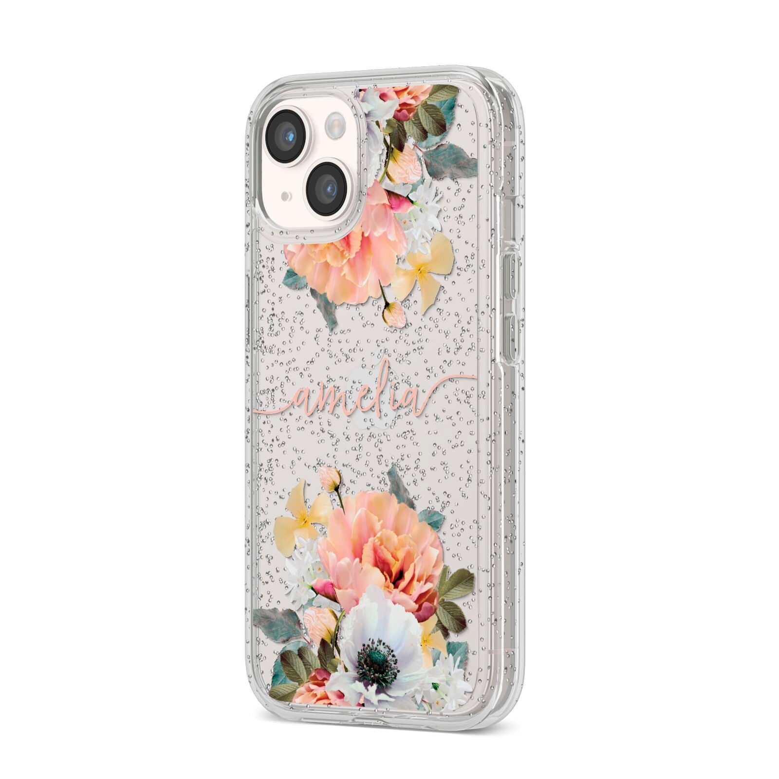 Personalised Name Clear Floral iPhone 14 Glitter Tough Case Starlight Angled Image