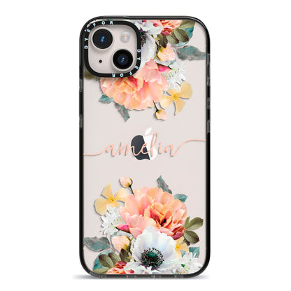 Personalised Name Clear Floral iPhone 14 Plus Black Impact Case on Silver phone