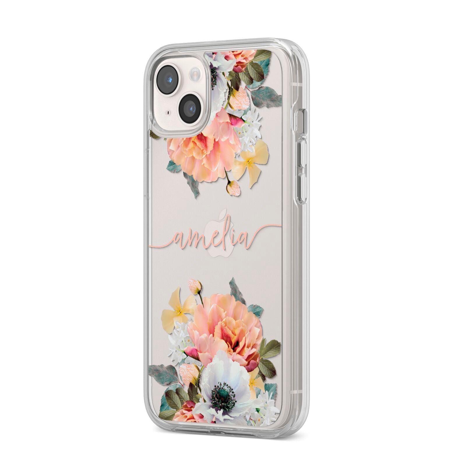 Personalised Name Clear Floral iPhone 14 Plus Clear Tough Case Starlight Angled Image