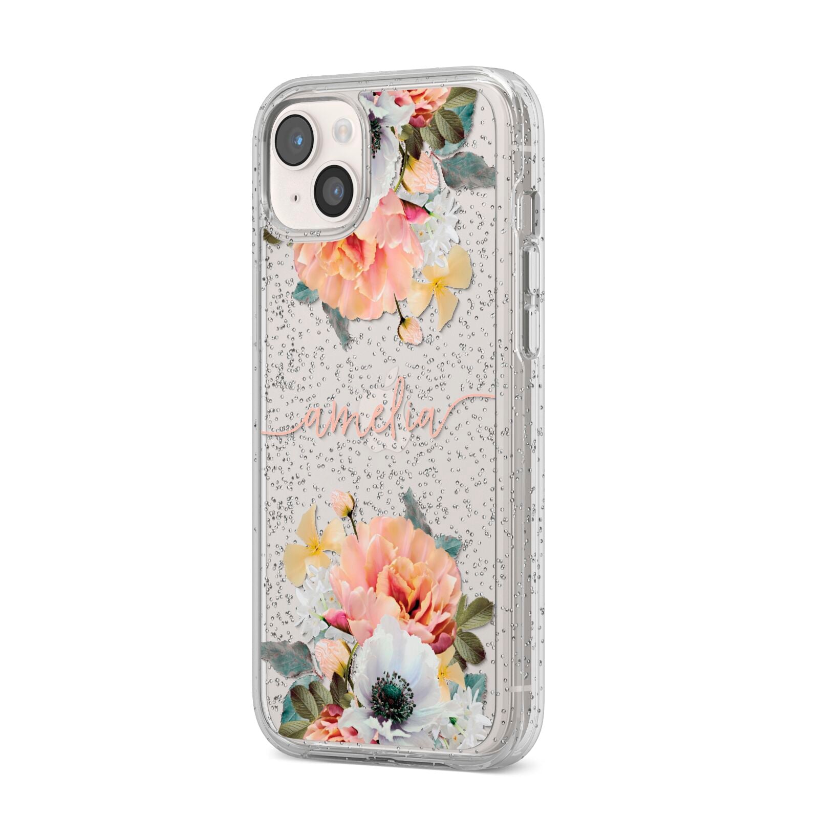 Personalised Name Clear Floral iPhone 14 Plus Glitter Tough Case Starlight Angled Image