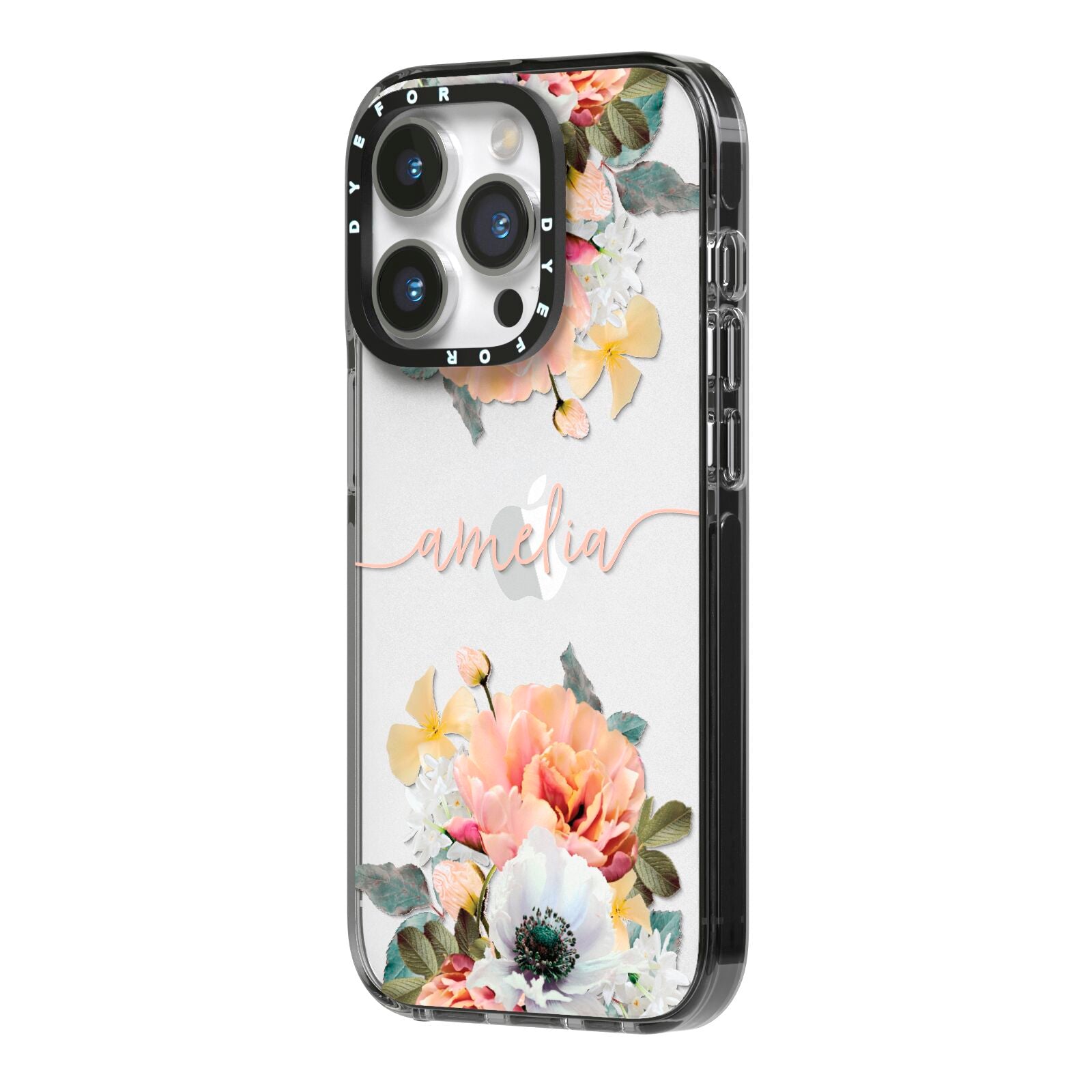 Personalised Name Clear Floral iPhone 14 Pro Black Impact Case Side Angle on Silver phone