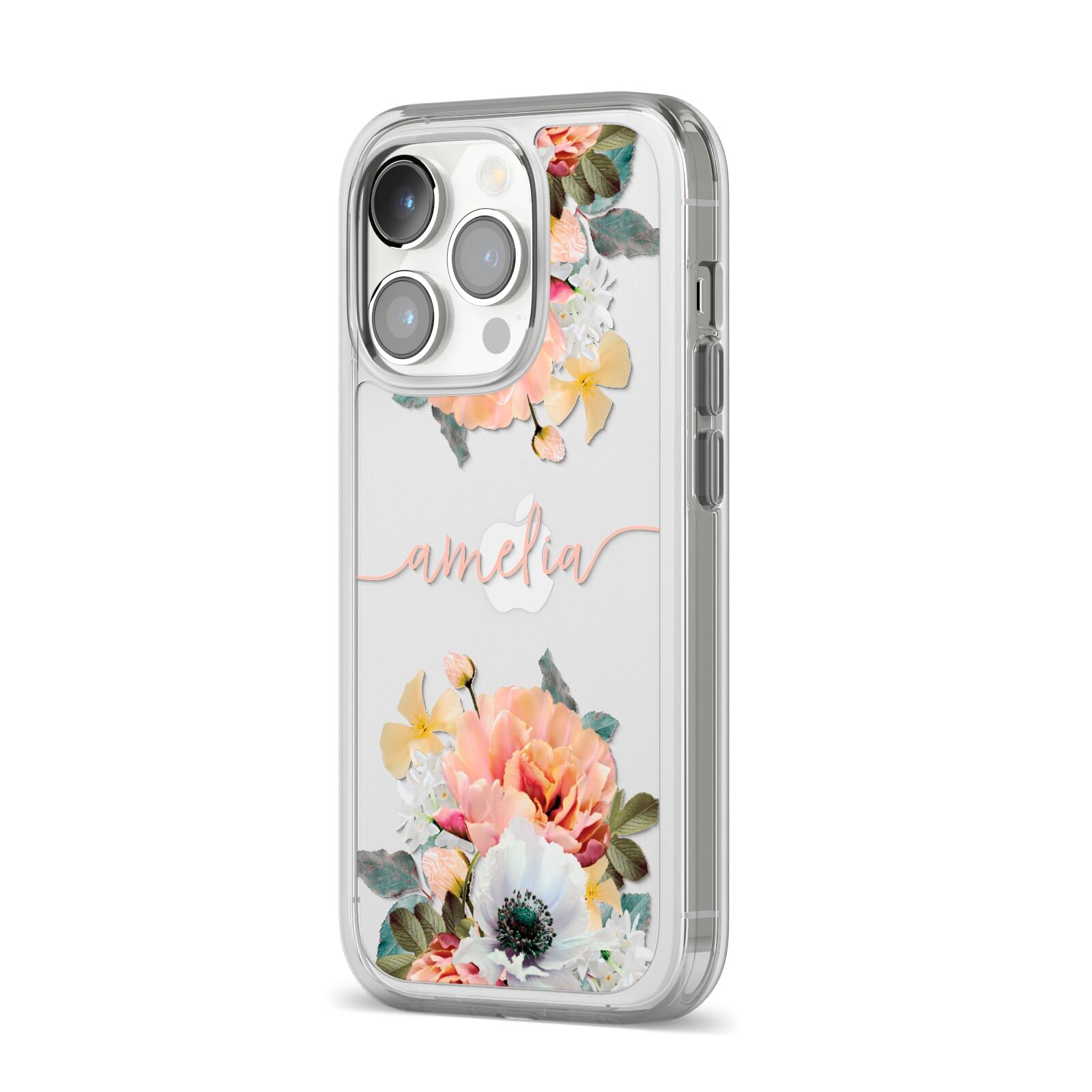 Personalised Name Clear Floral iPhone 14 Pro Clear Tough Case Silver Angled Image