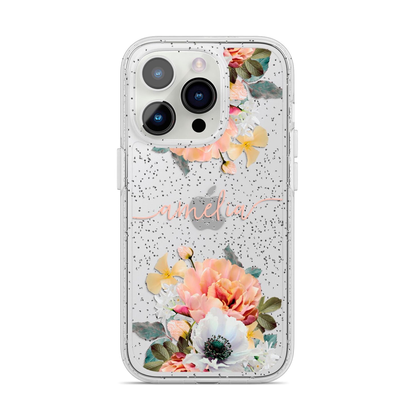 Personalised Name Clear Floral iPhone 14 Pro Glitter Tough Case Silver