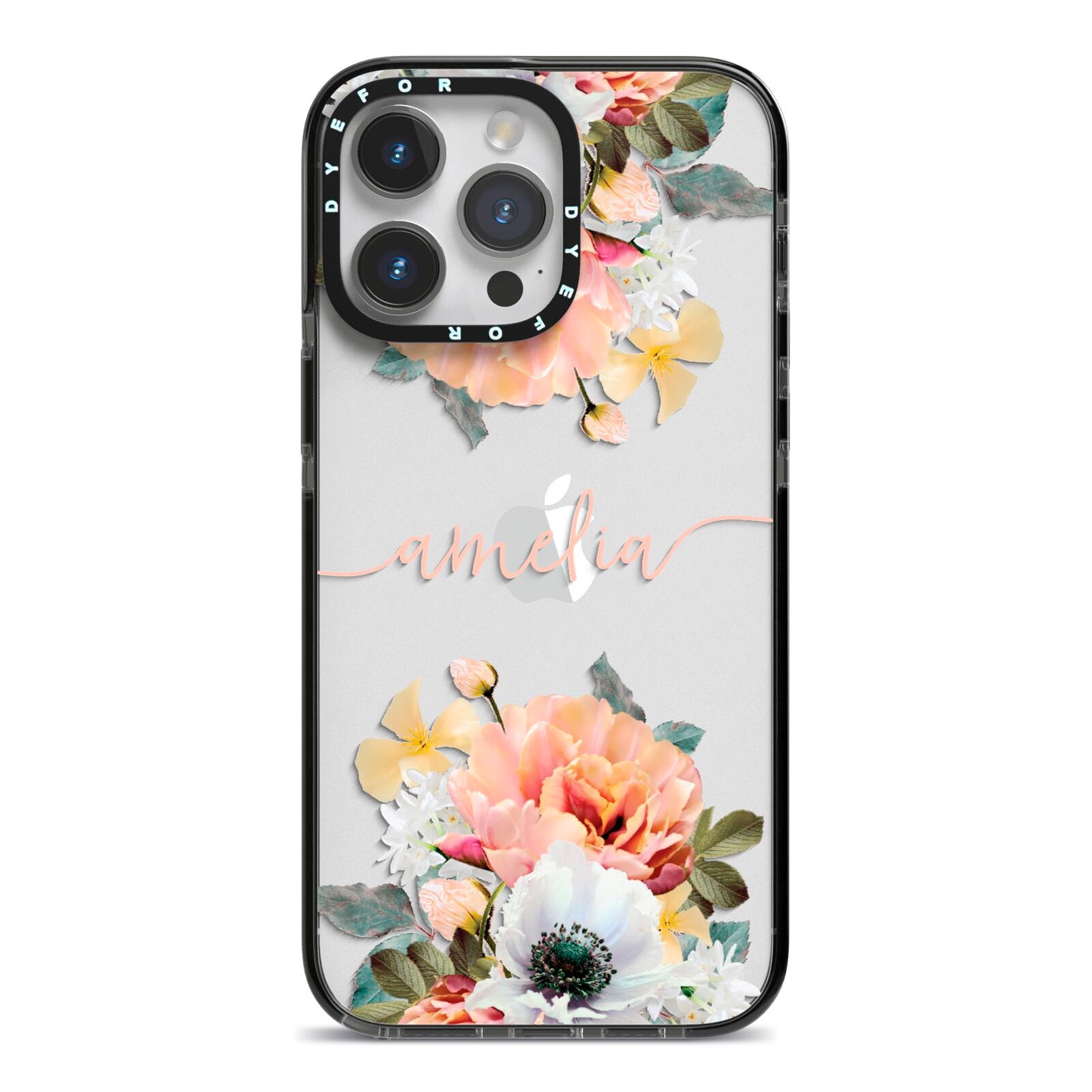 Personalised Name Clear Floral iPhone 14 Pro Max Black Impact Case on Silver phone