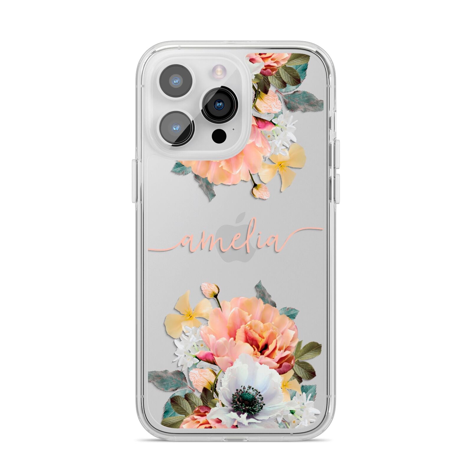 Personalised Name Clear Floral iPhone 14 Pro Max Clear Tough Case Silver