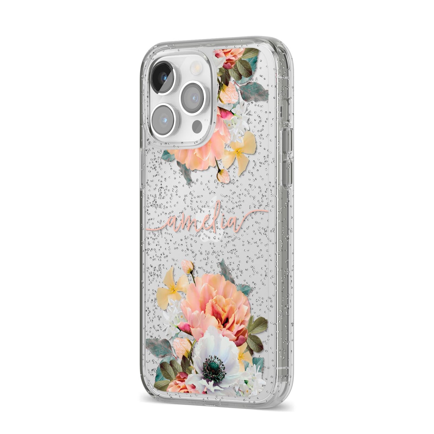 Personalised Name Clear Floral iPhone 14 Pro Max Glitter Tough Case Silver Angled Image