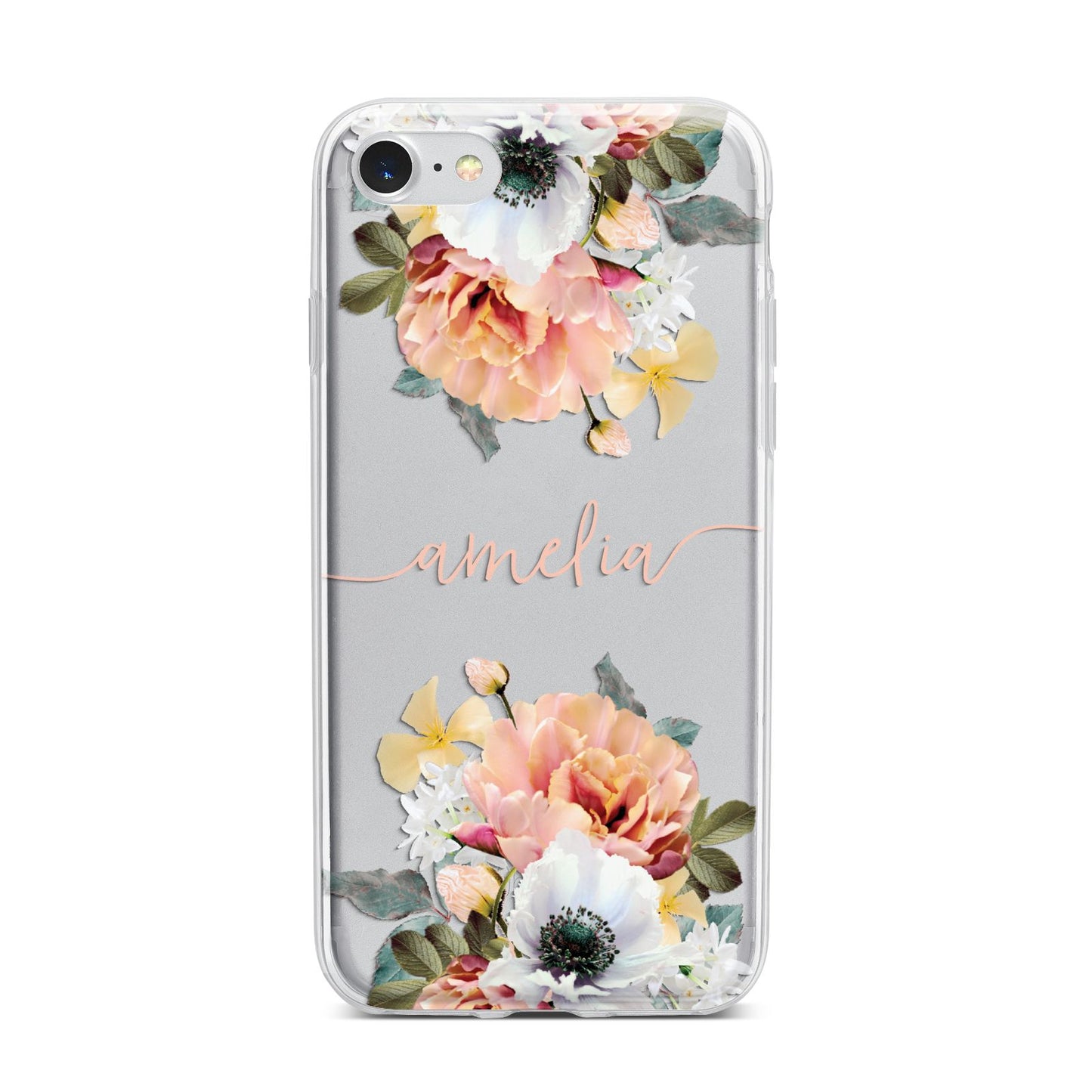 Personalised Name Clear Floral iPhone 7 Bumper Case on Silver iPhone