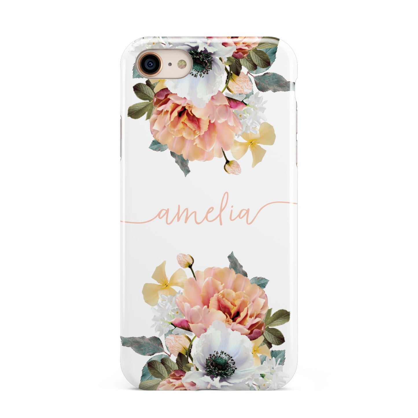 Personalised Name Clear Floral iPhone 8 3D Tough Case on Gold Phone