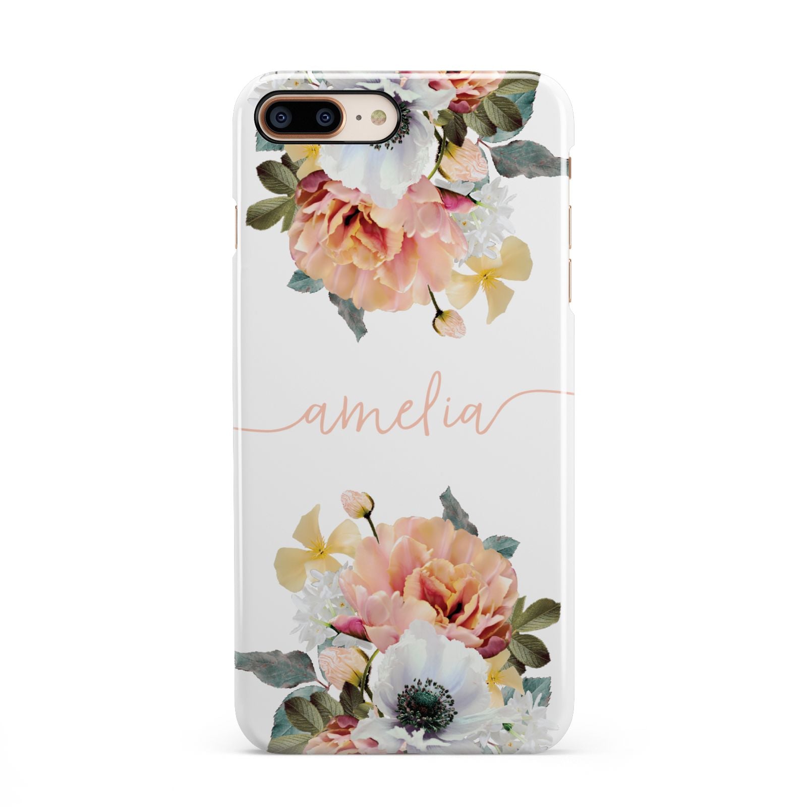 Personalised Name Clear Floral iPhone 8 Plus 3D Snap Case on Gold Phone