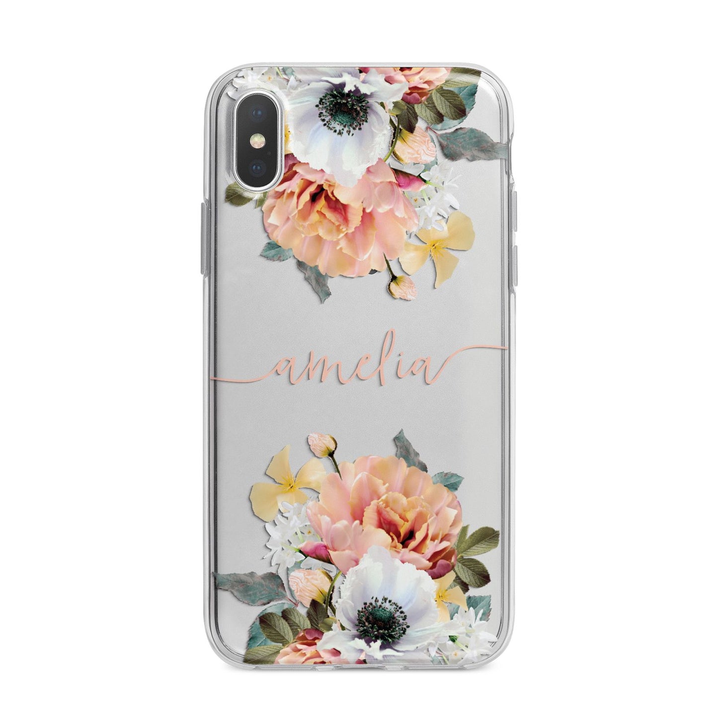Personalised Name Clear Floral iPhone X Bumper Case on Silver iPhone Alternative Image 1