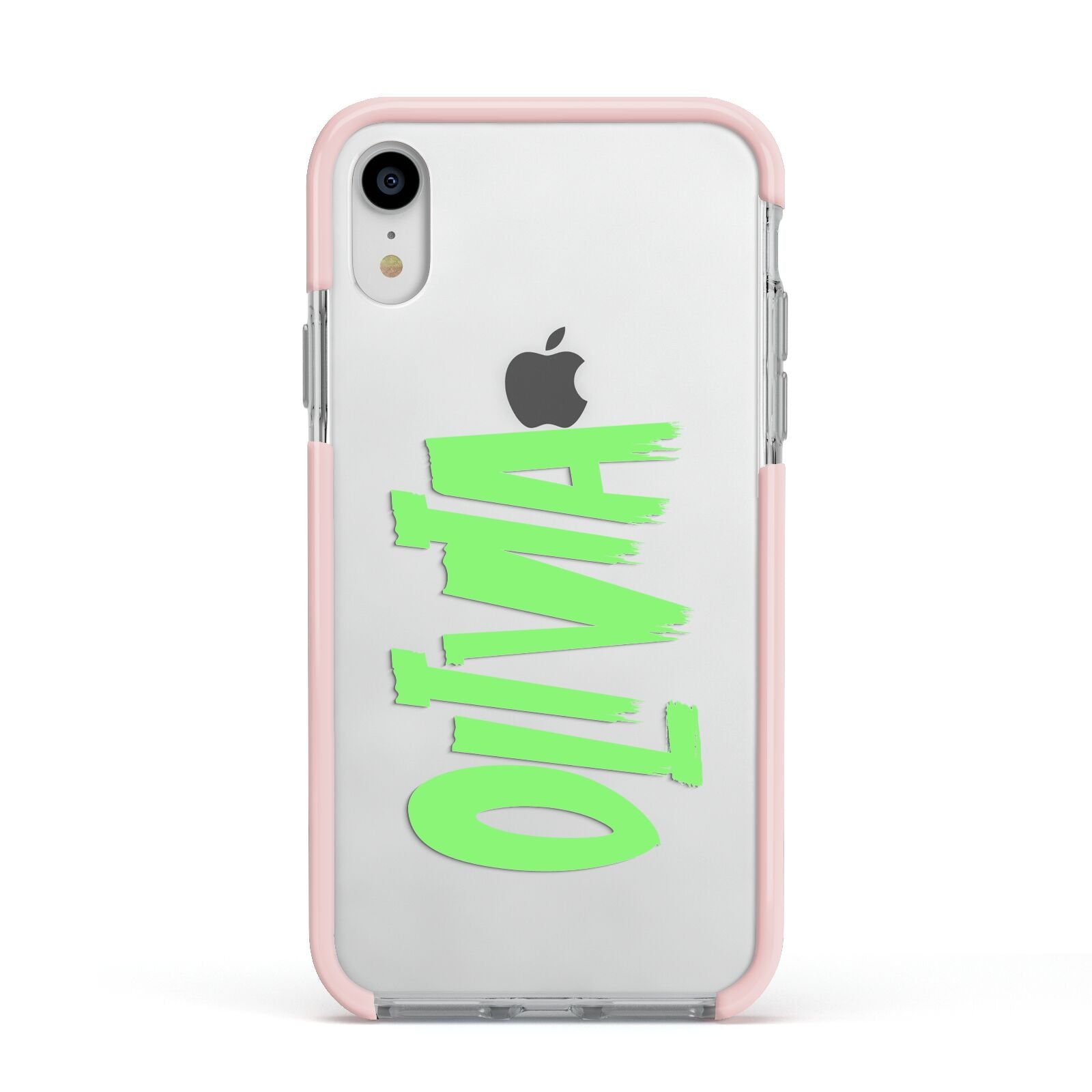 Personalised Name Green Spooky Apple iPhone XR Impact Case Pink Edge on Silver Phone