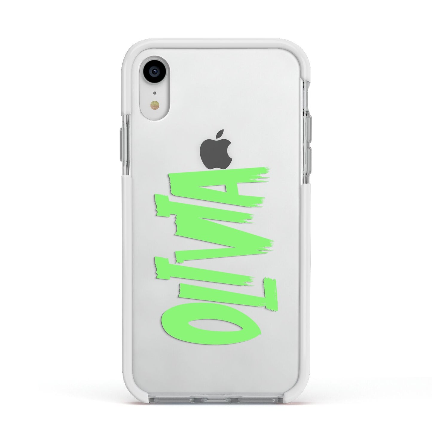 Personalised Name Green Spooky Apple iPhone XR Impact Case White Edge on Silver Phone