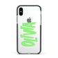 Personalised Name Green Spooky Apple iPhone Xs Impact Case Black Edge on Silver Phone