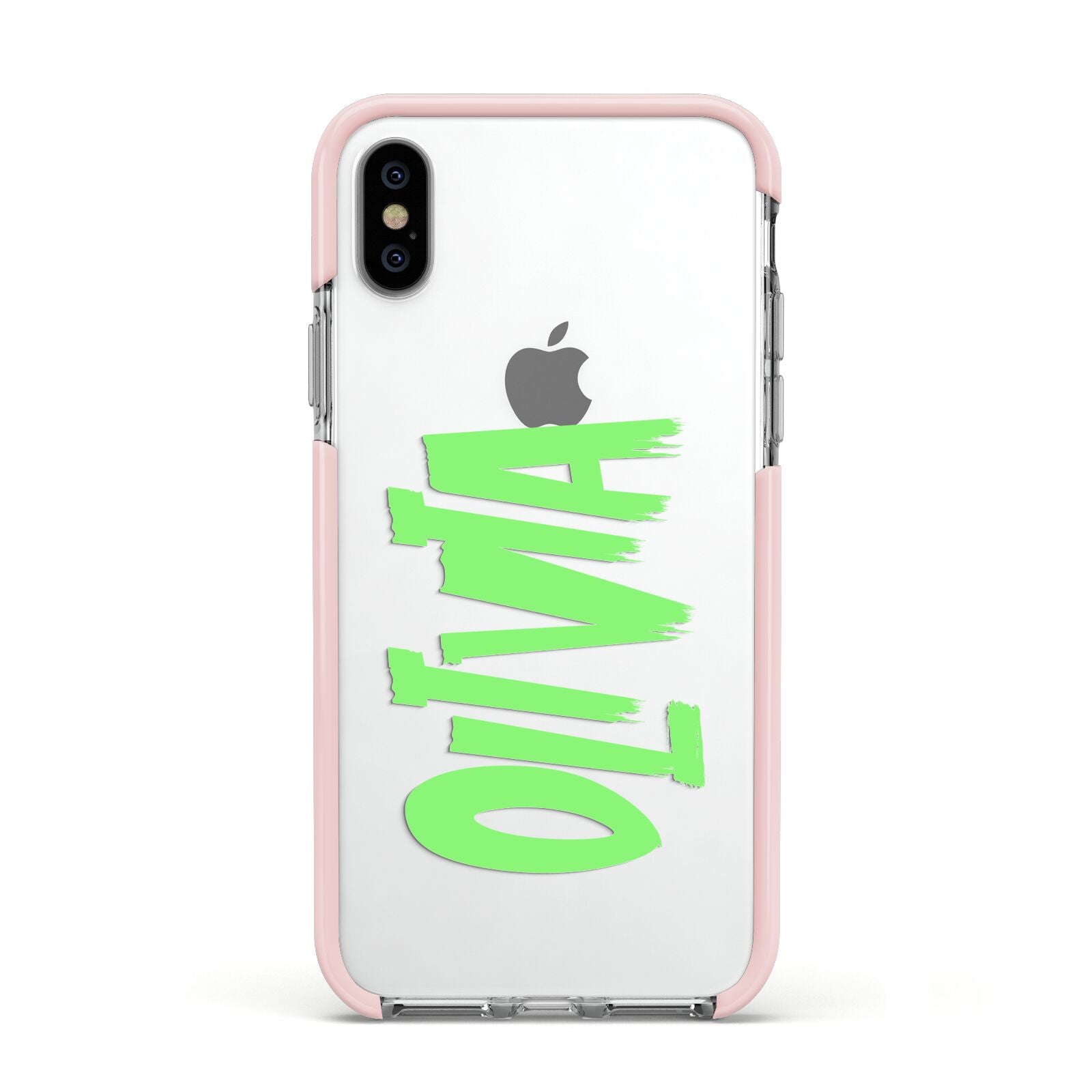 Personalised Name Green Spooky Apple iPhone Xs Impact Case Pink Edge on Silver Phone