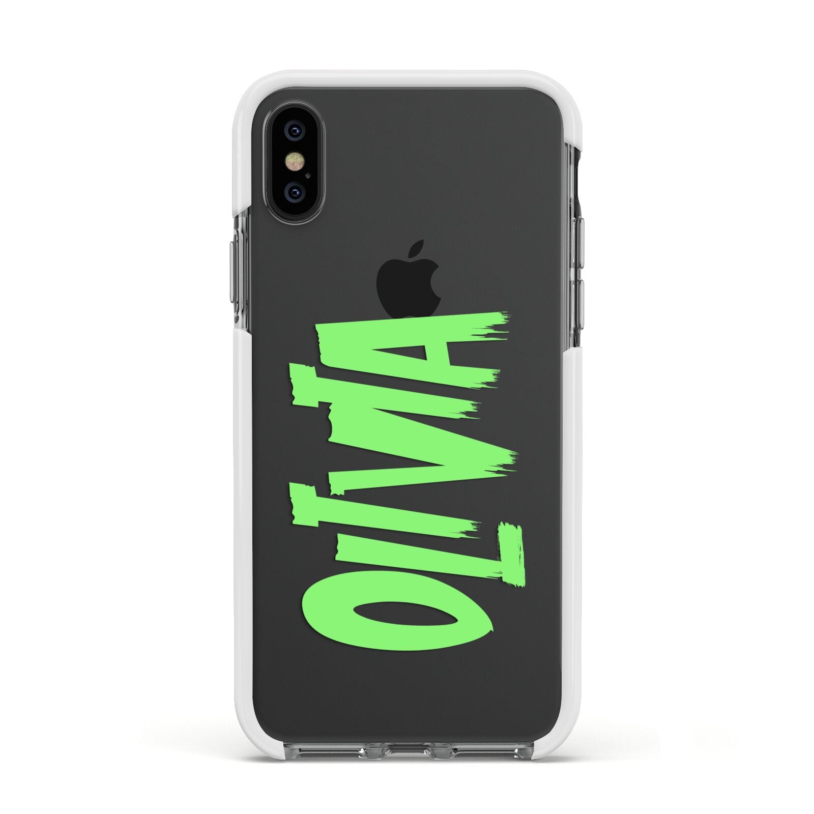 Personalised Name Green Spooky Apple iPhone Xs Impact Case White Edge on Black Phone