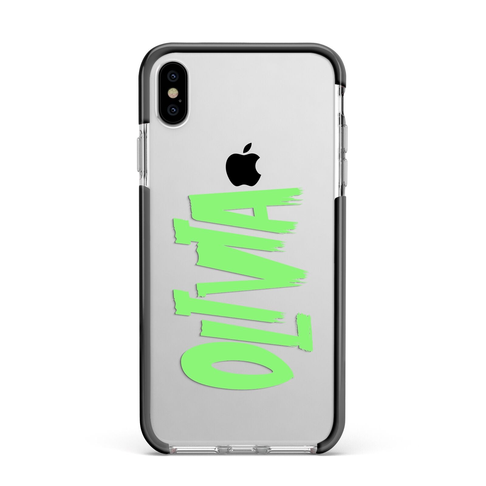 Personalised Name Green Spooky Apple iPhone Xs Max Impact Case Black Edge on Silver Phone