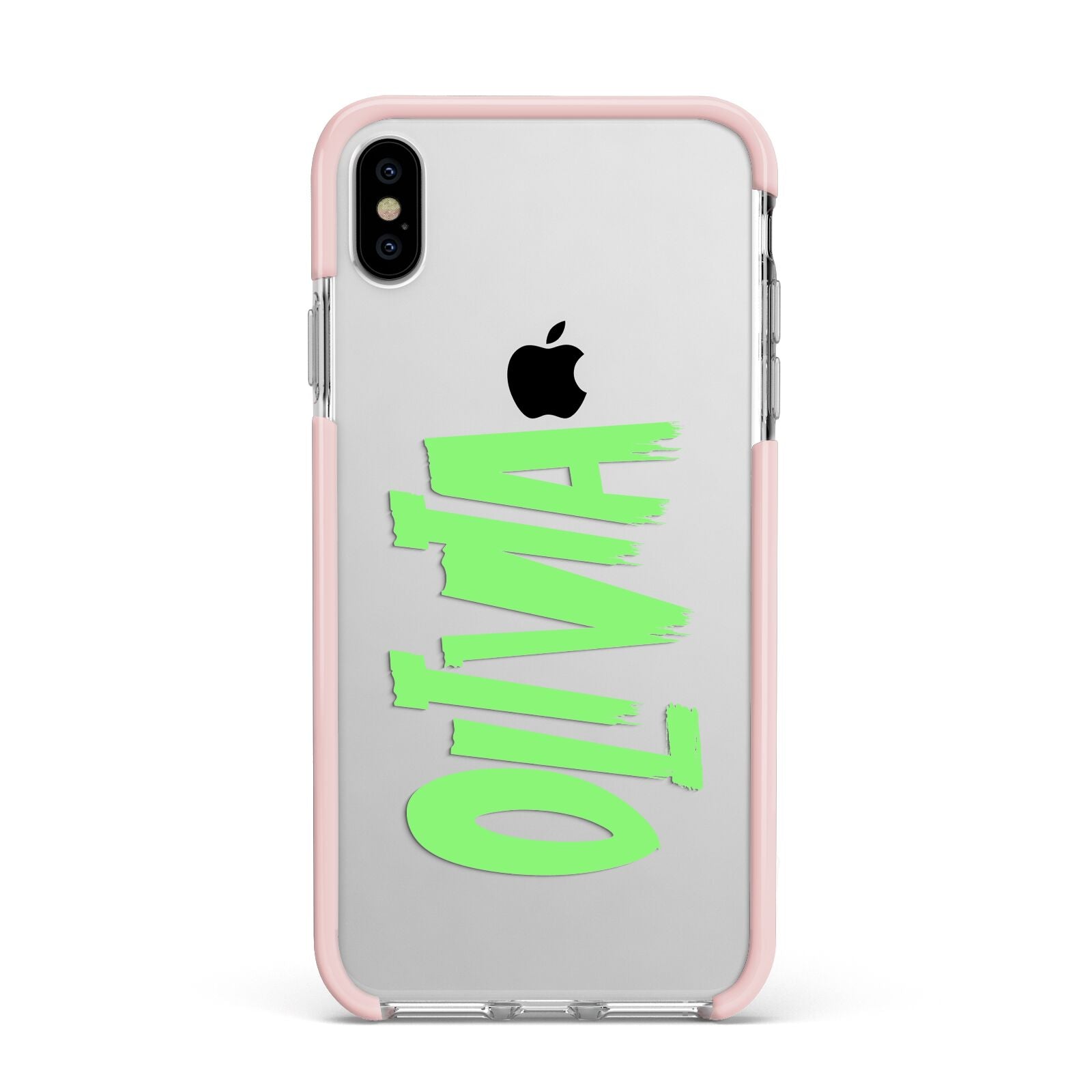 Personalised Name Green Spooky Apple iPhone Xs Max Impact Case Pink Edge on Silver Phone