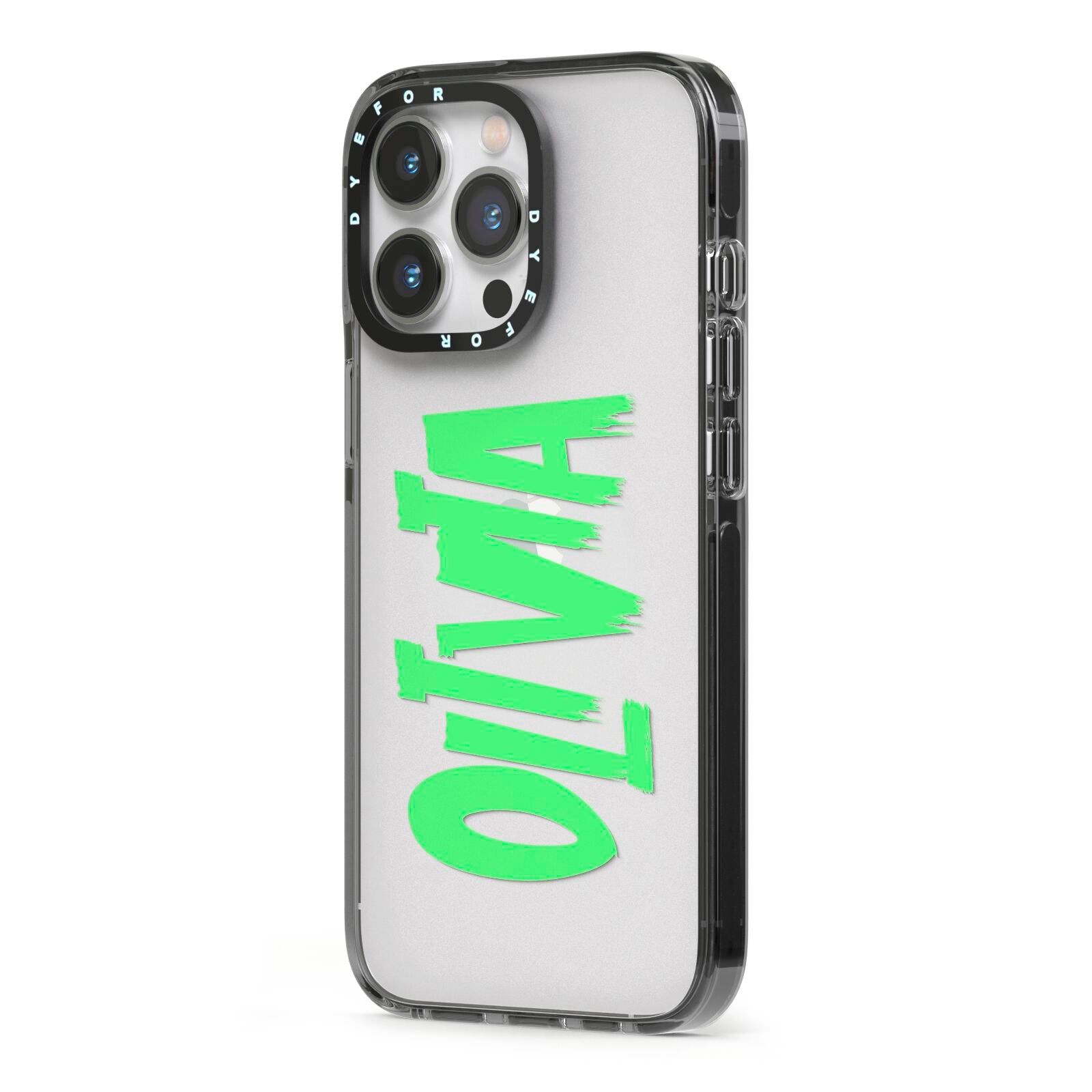 Personalised Name Green Spooky iPhone 13 Pro Black Impact Case Side Angle on Silver phone