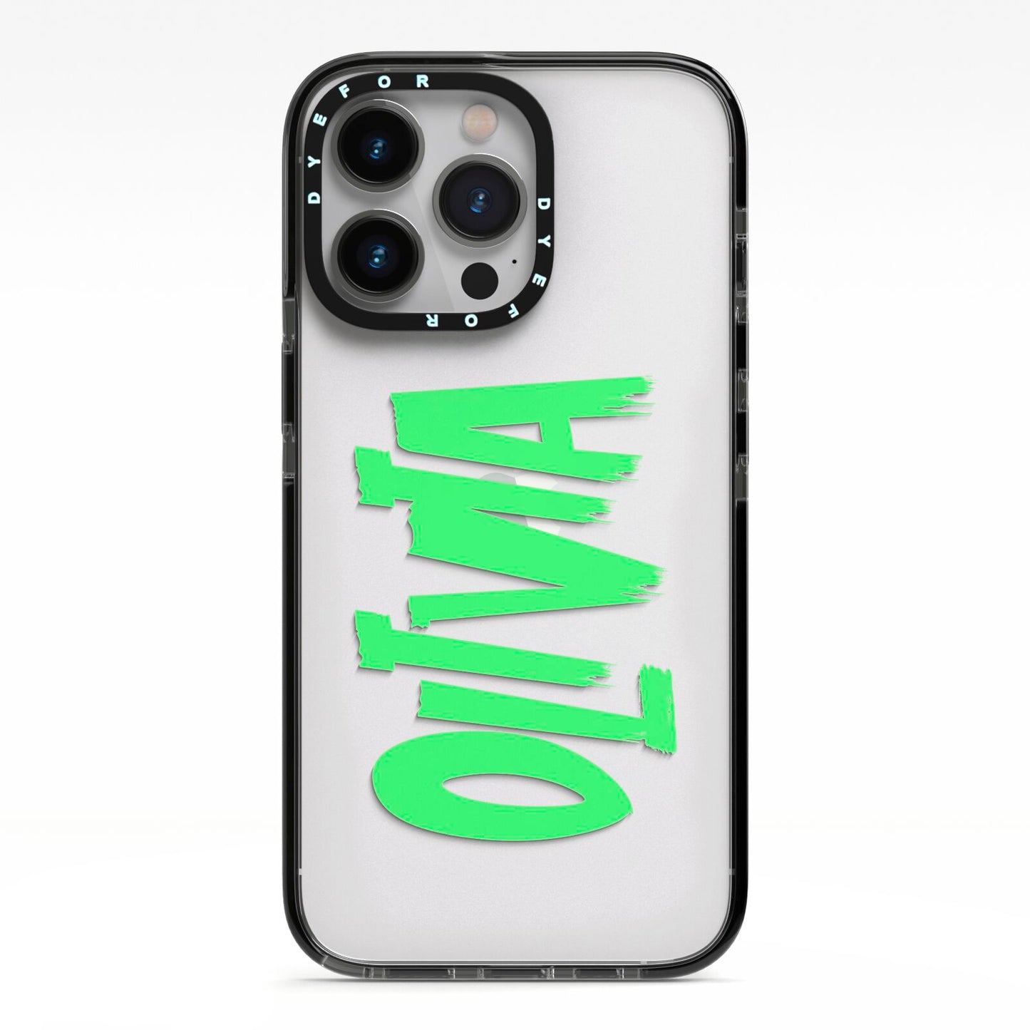 Personalised Name Green Spooky iPhone 13 Pro Black Impact Case on Silver phone