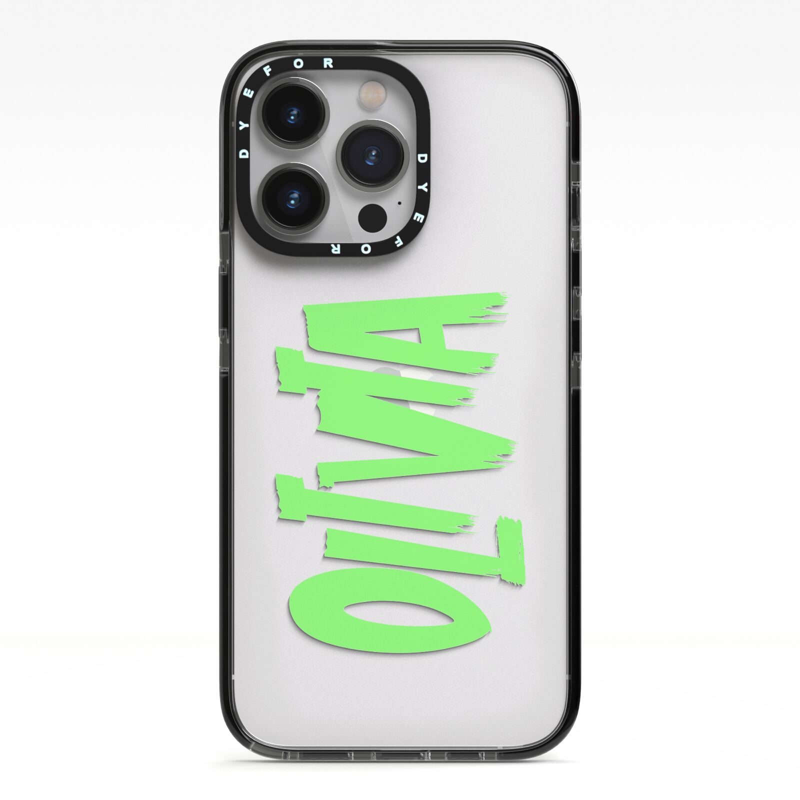 Personalised Name Green Spooky iPhone 13 Pro Black Impact Case on Silver phone