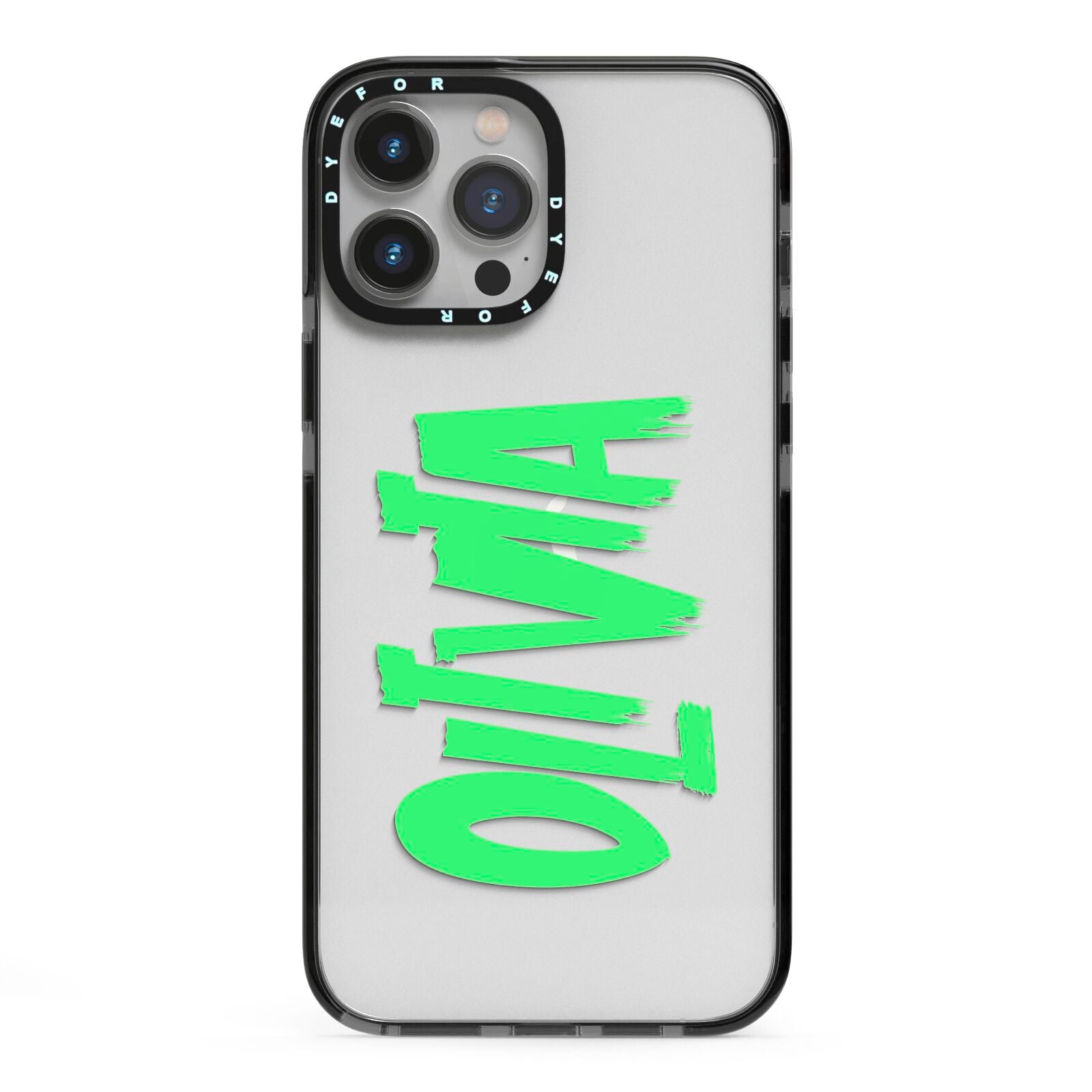 Personalised Name Green Spooky iPhone 13 Pro Max Black Impact Case on Silver phone