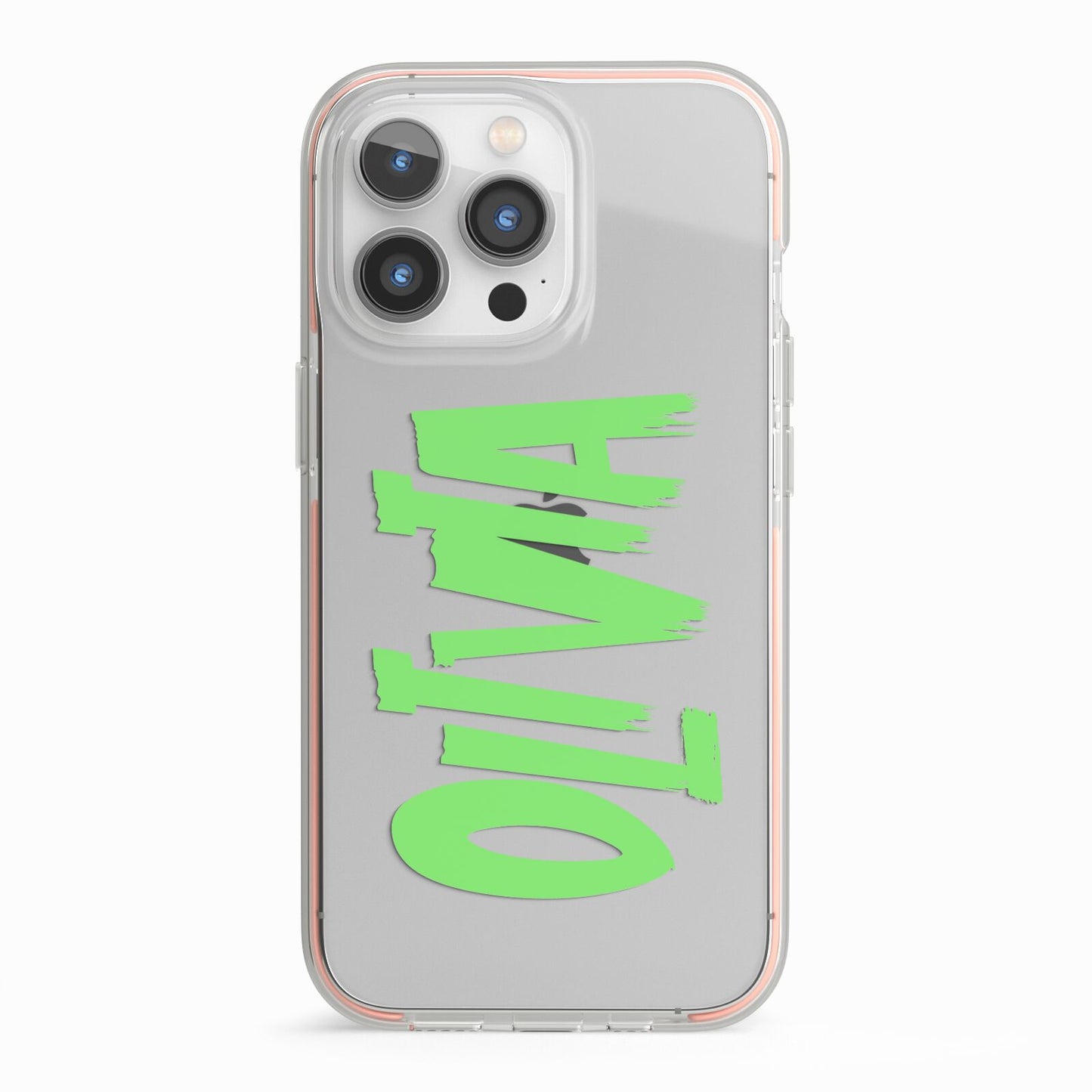 Personalised Name Green Spooky iPhone 13 Pro TPU Impact Case with Pink Edges