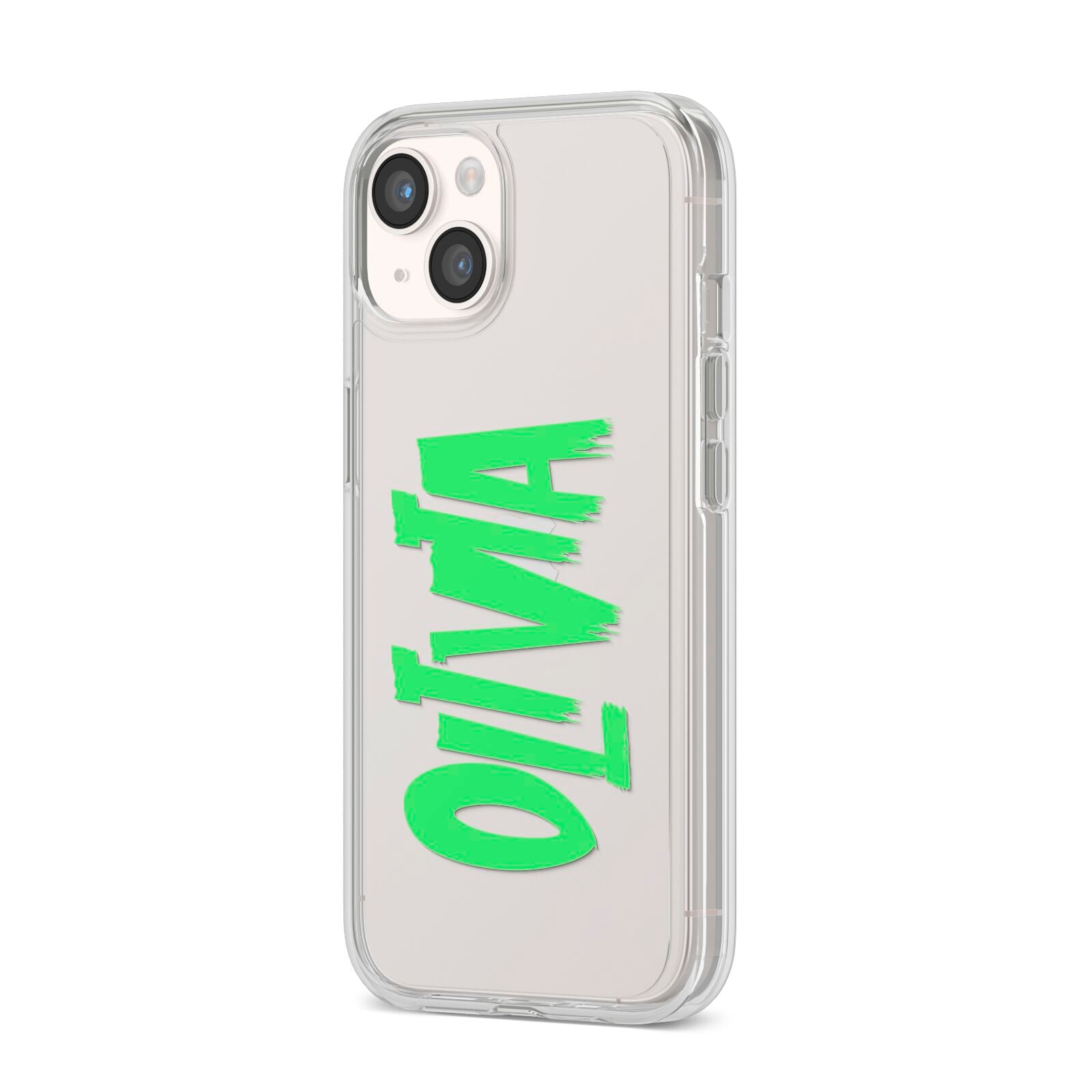 Personalised Name Green Spooky iPhone 14 Clear Tough Case Starlight Angled Image