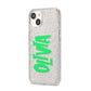 Personalised Name Green Spooky iPhone 14 Glitter Tough Case Starlight Angled Image