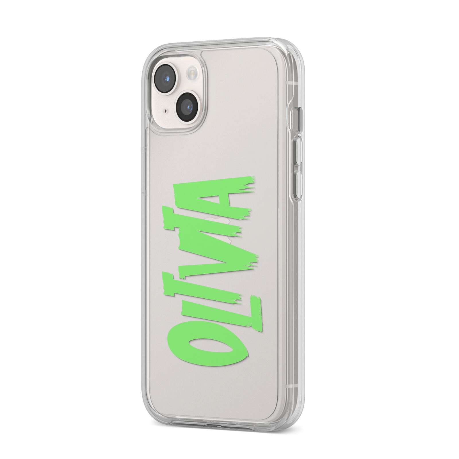 Personalised Name Green Spooky iPhone 14 Plus Clear Tough Case Starlight Angled Image