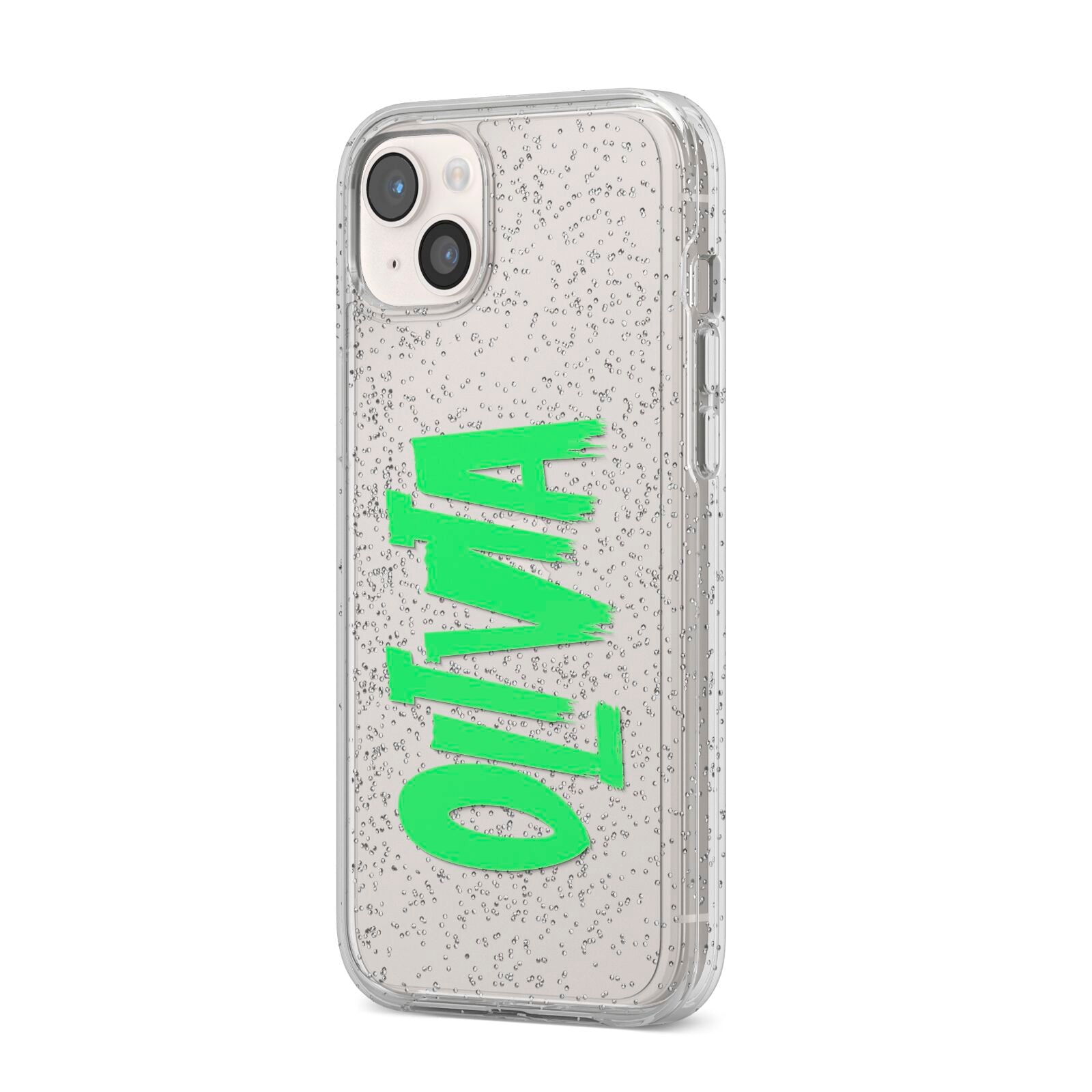 Personalised Name Green Spooky iPhone 14 Plus Glitter Tough Case Starlight Angled Image