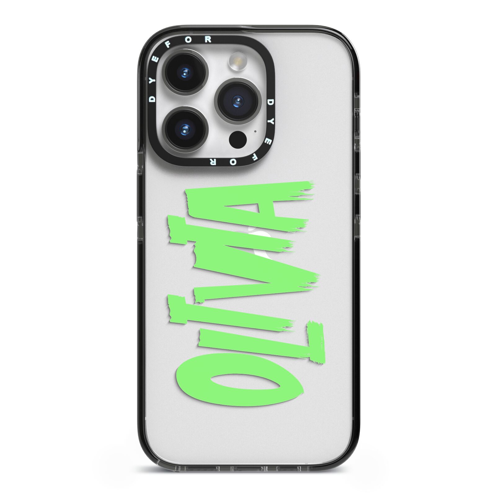 Personalised Name Green Spooky iPhone 14 Pro Black Impact Case on Silver phone