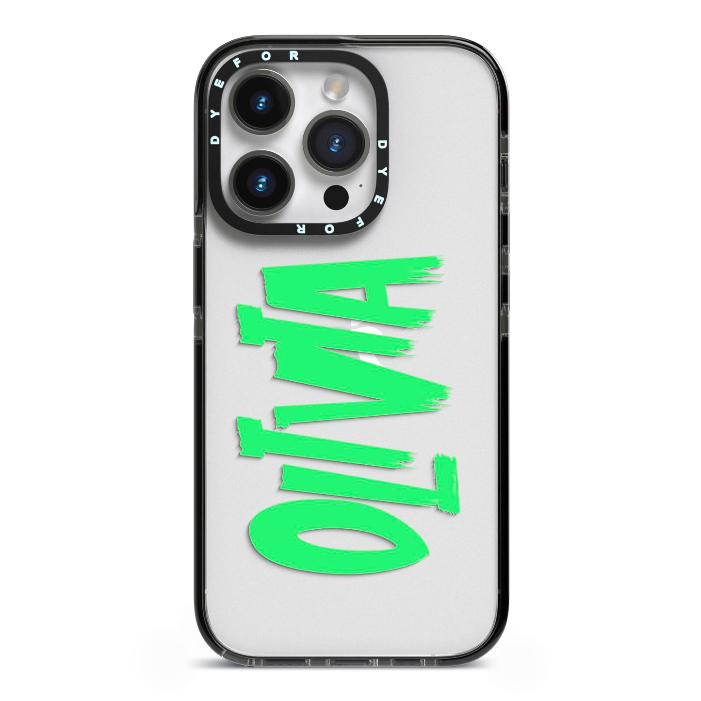 Personalised Name Green Spooky iPhone 14 Pro Black Impact Case on Silver phone