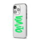 Personalised Name Green Spooky iPhone 14 Pro Clear Tough Case Silver Angled Image