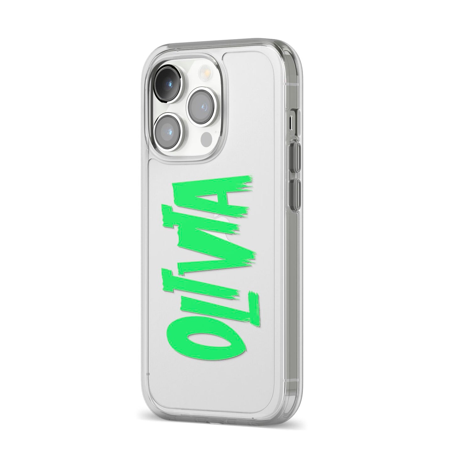 Personalised Name Green Spooky iPhone 14 Pro Clear Tough Case Silver Angled Image