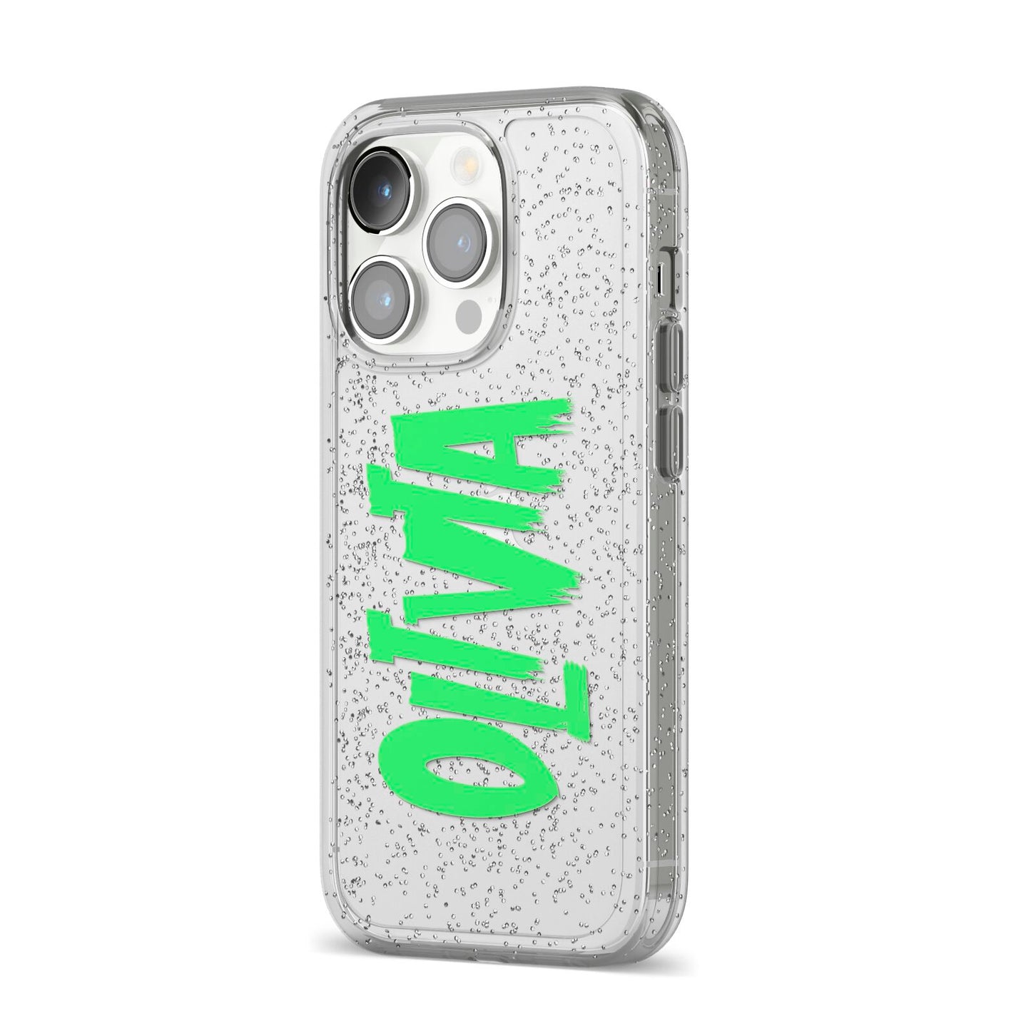 Personalised Name Green Spooky iPhone 14 Pro Glitter Tough Case Silver Angled Image