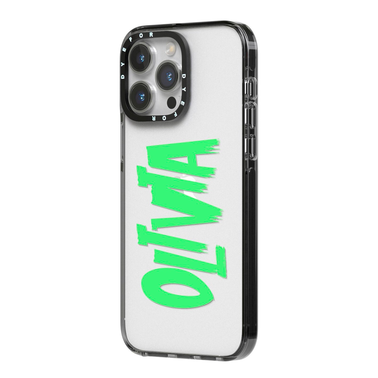 Personalised Name Green Spooky iPhone 14 Pro Max Black Impact Case Side Angle on Silver phone