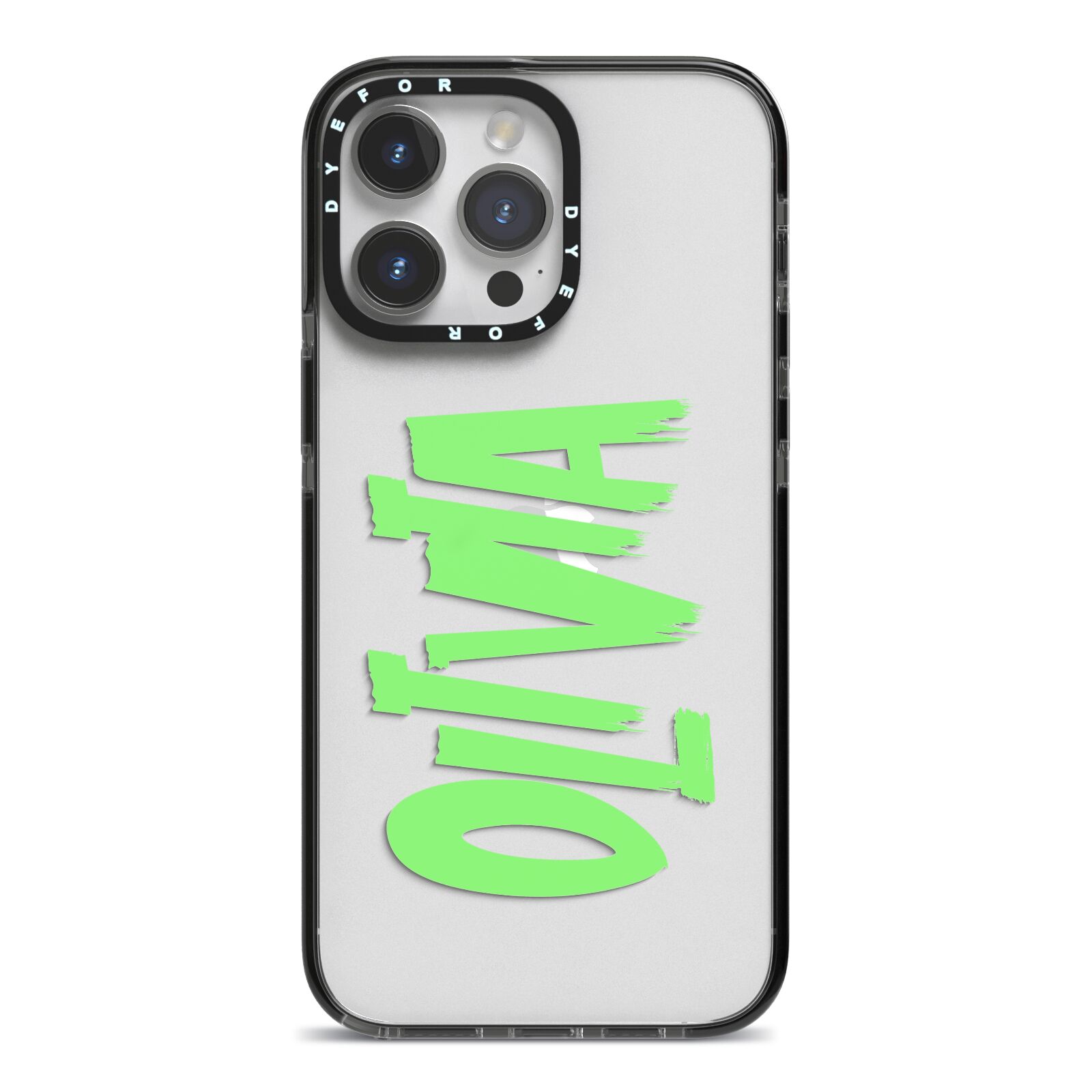 Personalised Name Green Spooky iPhone 14 Pro Max Black Impact Case on Silver phone