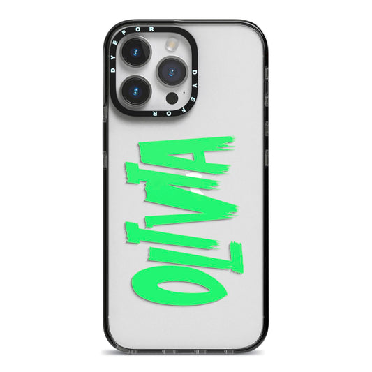 Personalised Name Green Spooky iPhone 14 Pro Max Black Impact Case on Silver phone