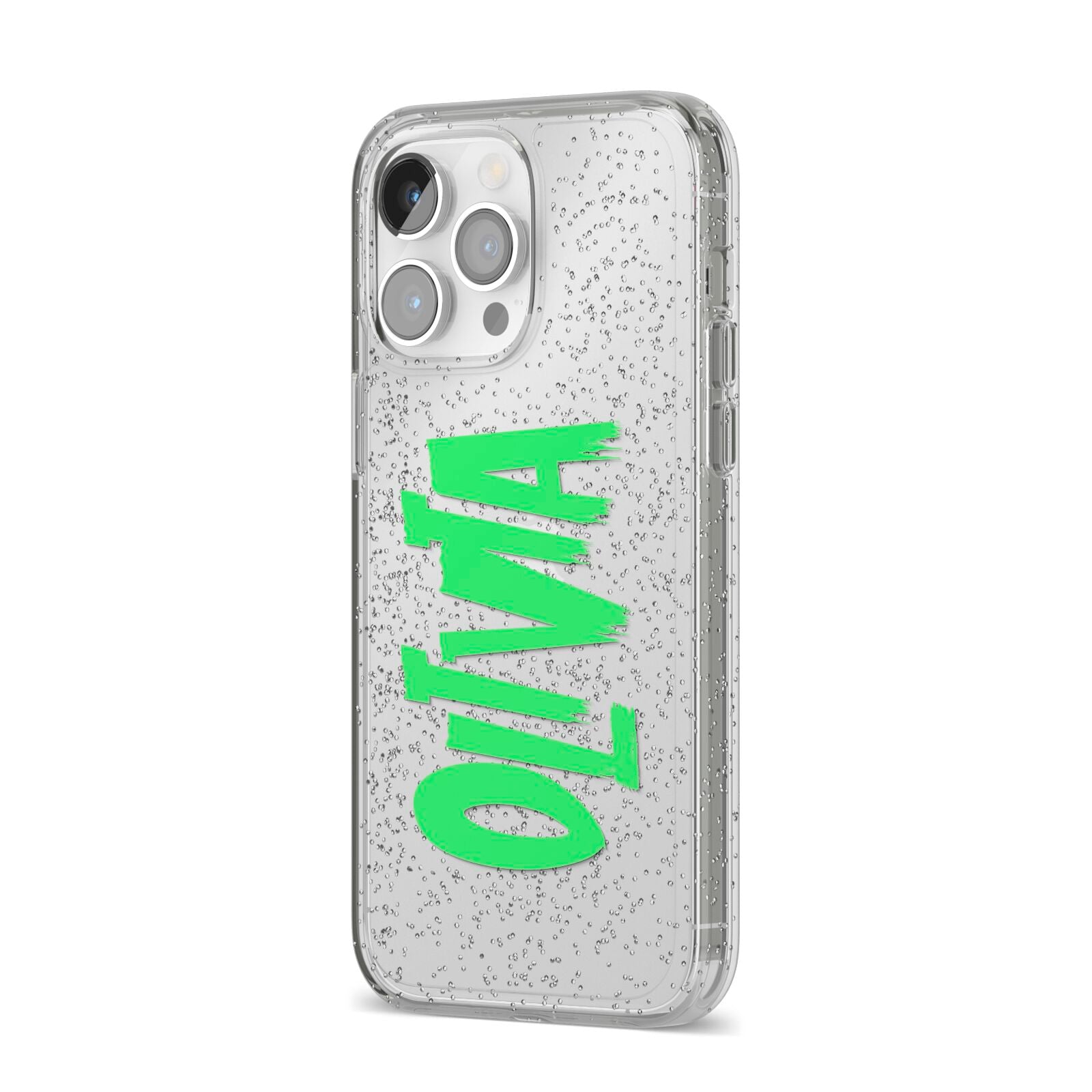 Personalised Name Green Spooky iPhone 14 Pro Max Glitter Tough Case Silver Angled Image