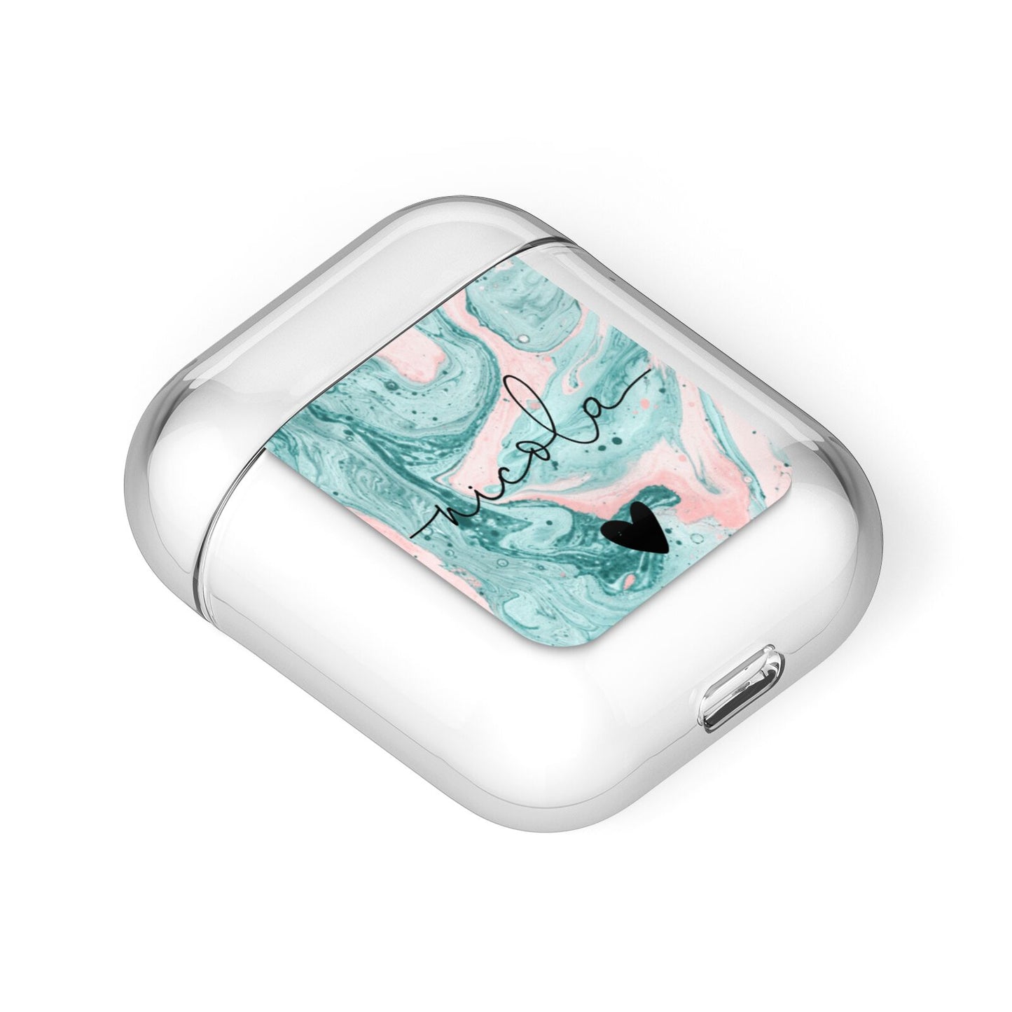 Personalised Name Green Swirl Marble AirPods Case Laid Flat