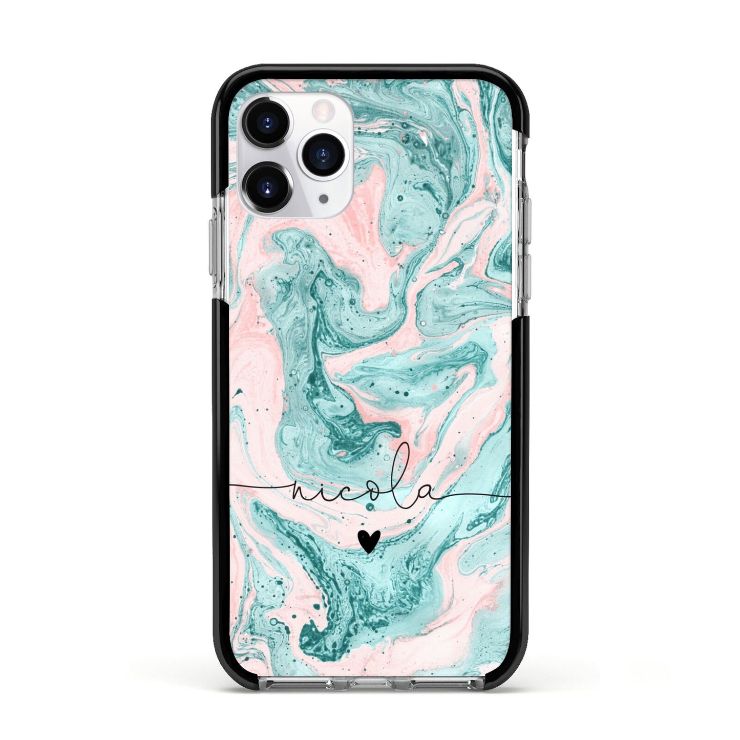 Personalised Name Green Swirl Marble Apple iPhone 11 Pro in Silver with Black Impact Case