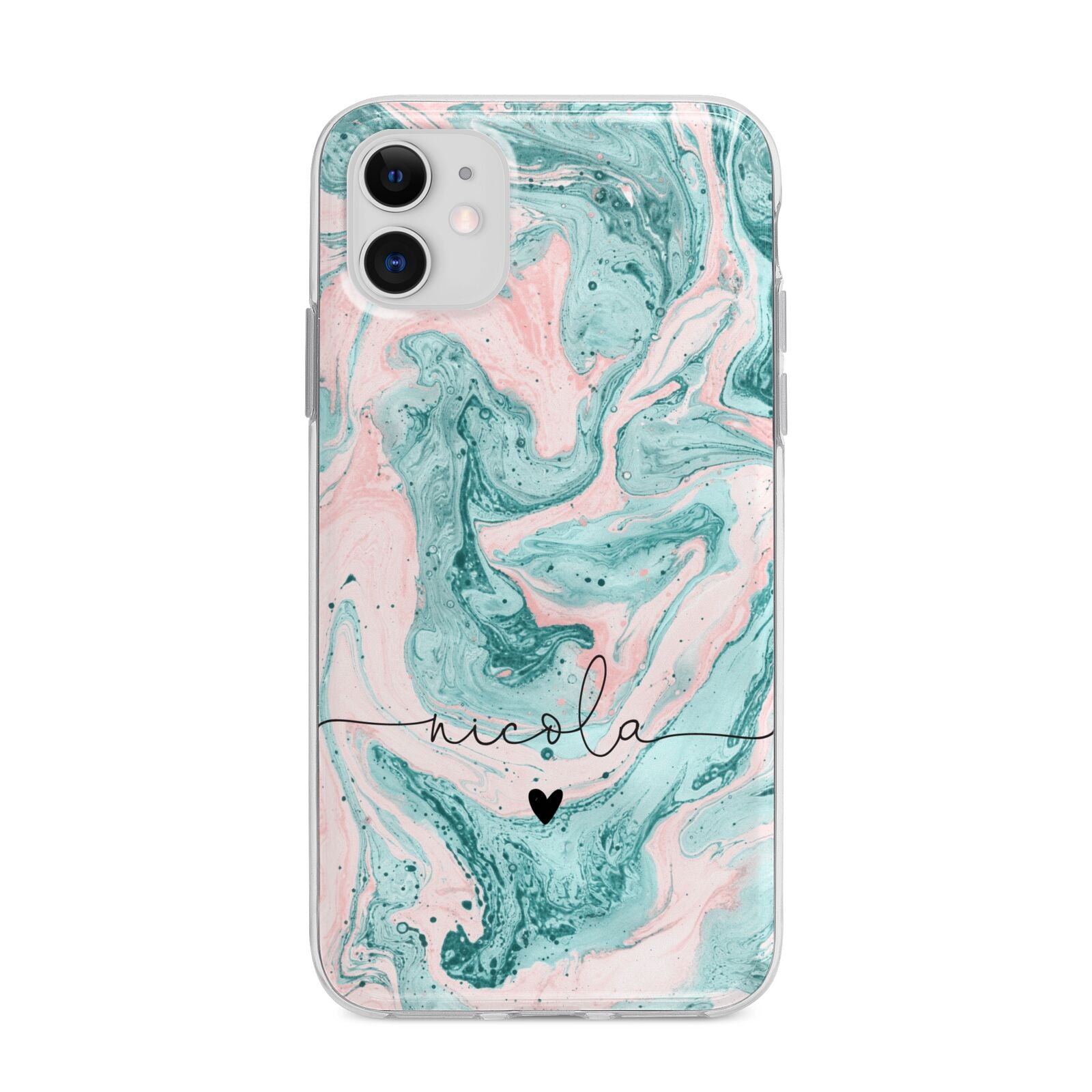 Personalised Name Green Swirl Marble Apple iPhone 11 in White with Bumper Case