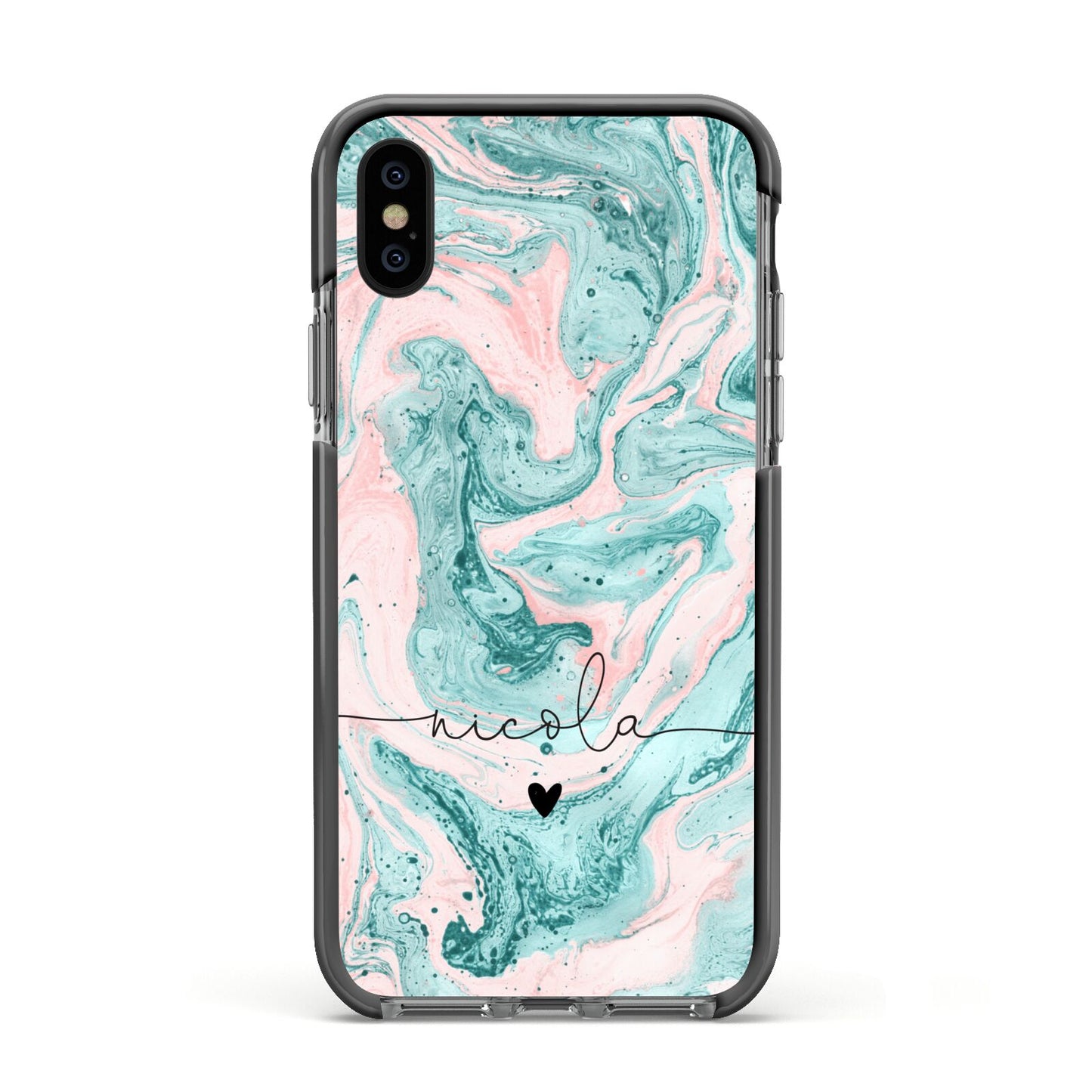 Personalised Name Green Swirl Marble Apple iPhone Xs Impact Case Black Edge on Black Phone