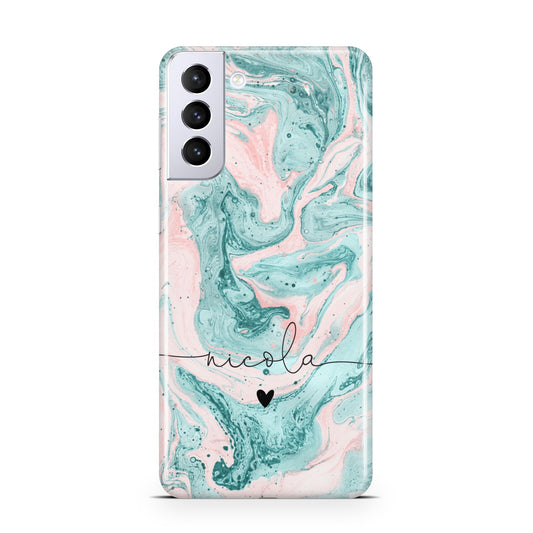 Personalised Name Green Swirl Marble Samsung S21 Plus Phone Case