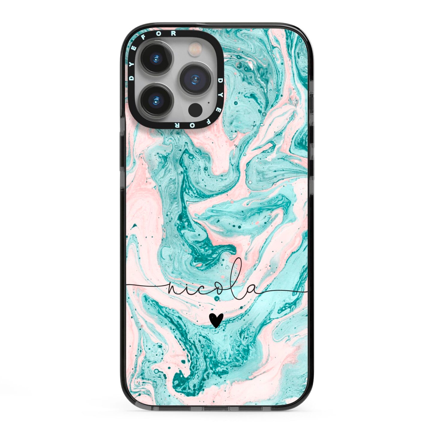 Personalised Name Green Swirl Marble iPhone 13 Pro Max Black Impact Case on Silver phone